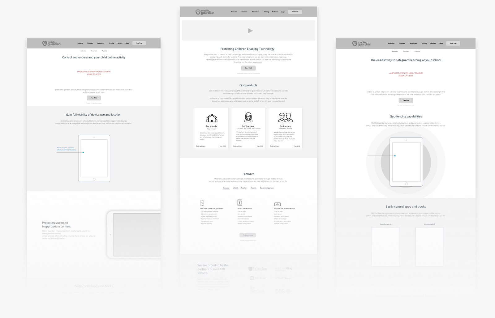 Mobile Guardian Web Screens showing the UX design process